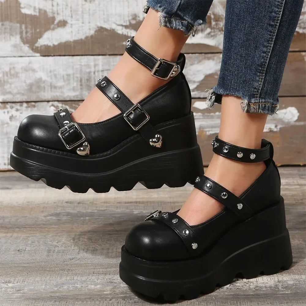 DoraTasia Retro INS Black Round Toe Heel Studded Punk Nightclub Ladies Mary Jane Y2 Lace Buckle Lolita Women's Shoes - Evallys.com