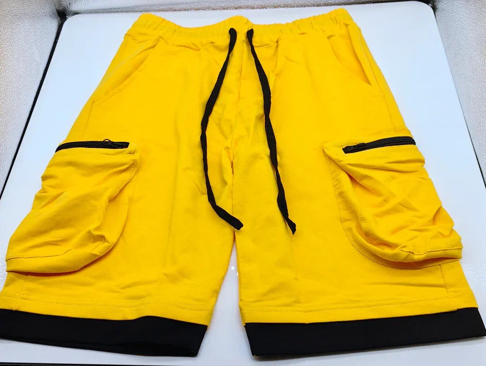 Mens Summer Cargo Shorts Cotton Workout Fitness Shorts Breathable Jogger Training Gyms Bodybuilding Multi Pocket Yellow Shorts - Evallys.com
