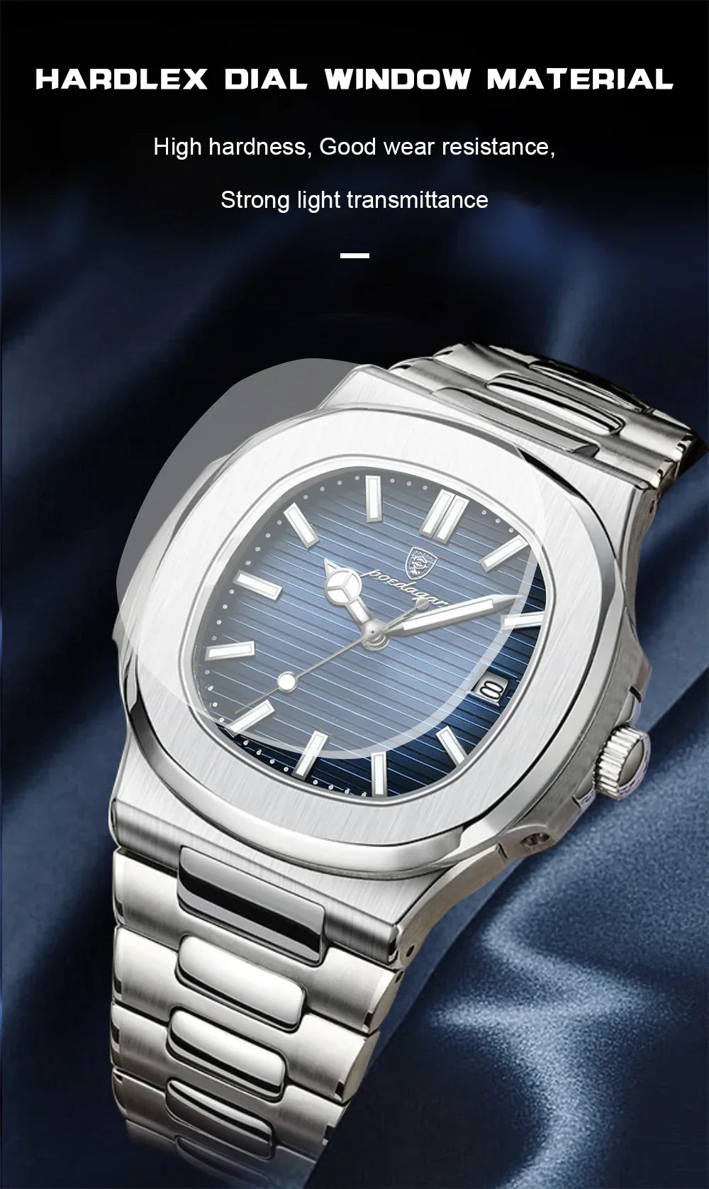 POEDAGAR Luxury Casual Watch Top Brand Fashion Square Dial Stainless Steel Calendar Luminous Waterproof Men Watch Male Clock+Box - Evallys.com