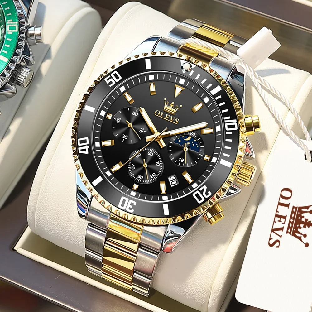 OLEVS Men's Watches Top Brand Luxury Watch for Men Original Waterproof Stainless Steel Chronograph Moon Phase Date Rota Dial - Evallys.com