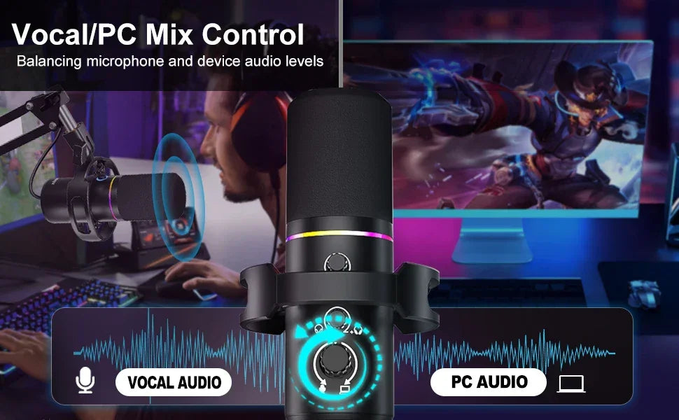 XLR/USB Dynamic Microphone Kit, PC Microphone for Streaming, Podcasting, Gaming, RGB, Mute and Noise Cancelling Function, Volume - Evallys.com