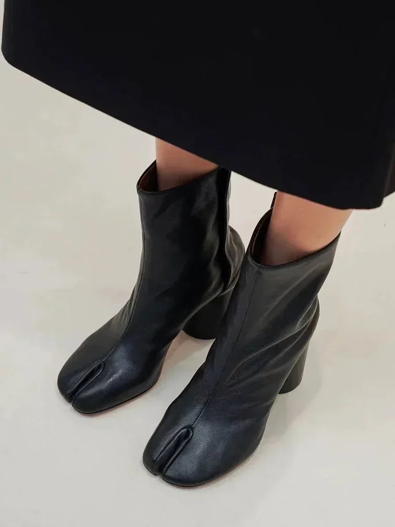 2024 Autumn Winter Soft Leather Split toe Tabi Women Ankle Boots Fashion Thick High heels Chunky Shoes Ins Style Short Booties - Evallys.com
