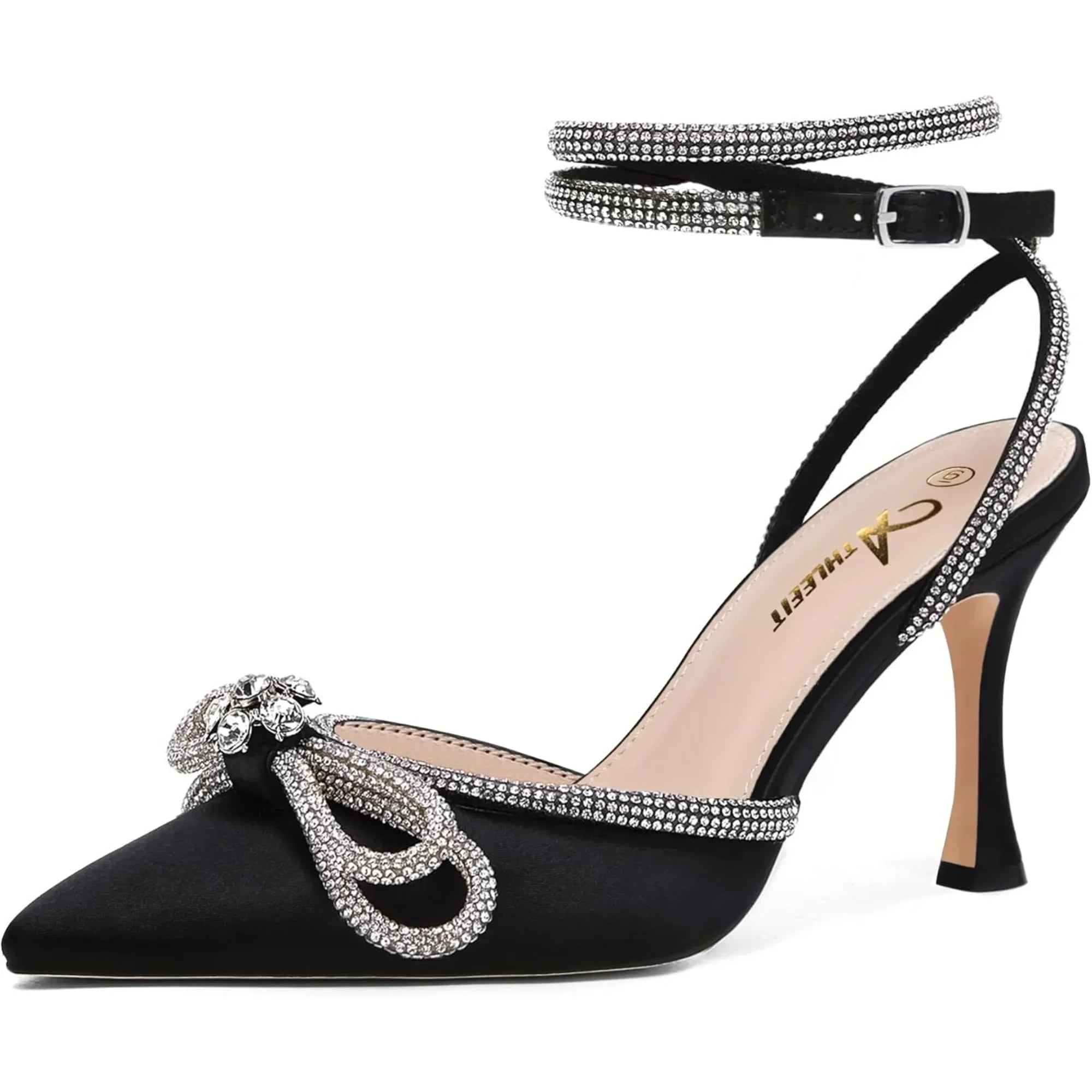 Women's Rhinestone Bow Heels Ankle Strap Pointed Toe Stiletto Heeled Sandals Wedding Bridal Dress Pumps Shoes - Evallys.com