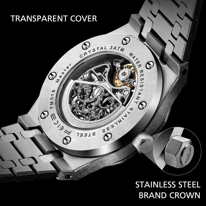 FEICE Automatic Mechanical Luxury Watch Men Stainless Steel Watches Luminous Waterproof Watch for Men Skeleton FM019 - Evallys.com