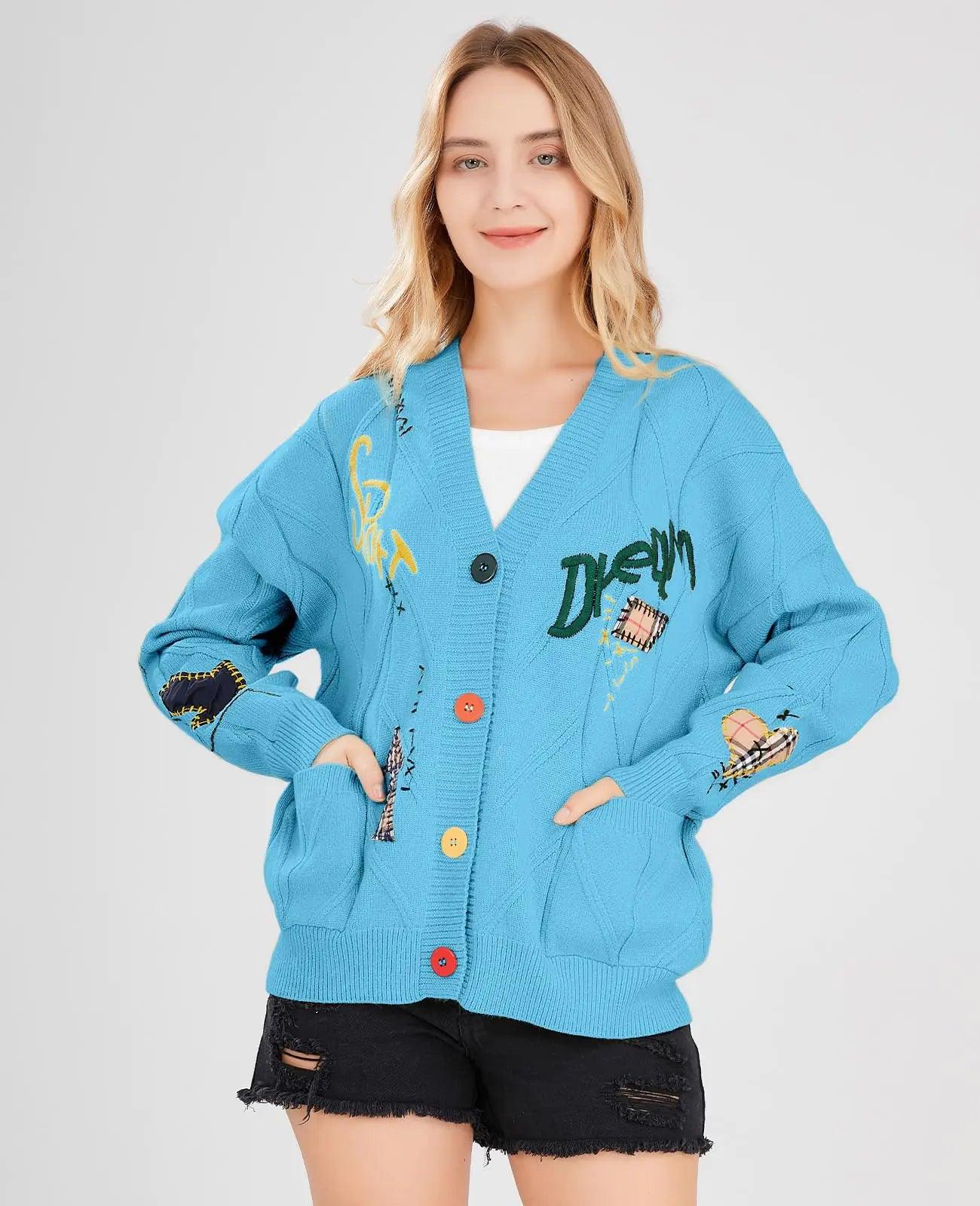 Women's Cable Knit Long Sleeve Open Front Cardigan Sheep V-Neck Button Down Embroidery Wool Blend Sweater Coat Outwear X-Small Blue - Evallys.com # #