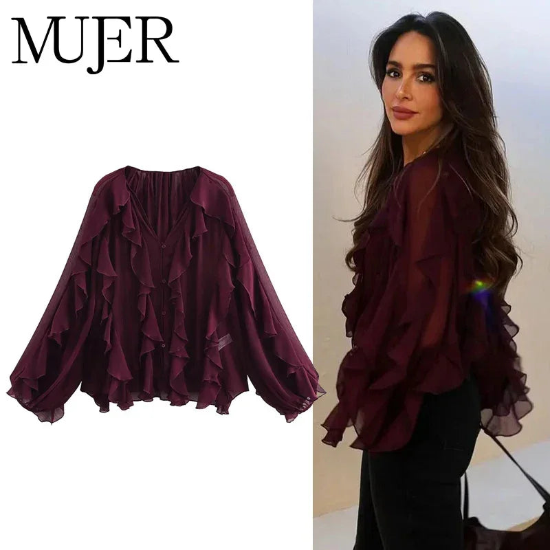 MUJER Ruffle Blouse – Semi Sheer Chiffon Fairy Shirt for Women 2025 - Evallys.com