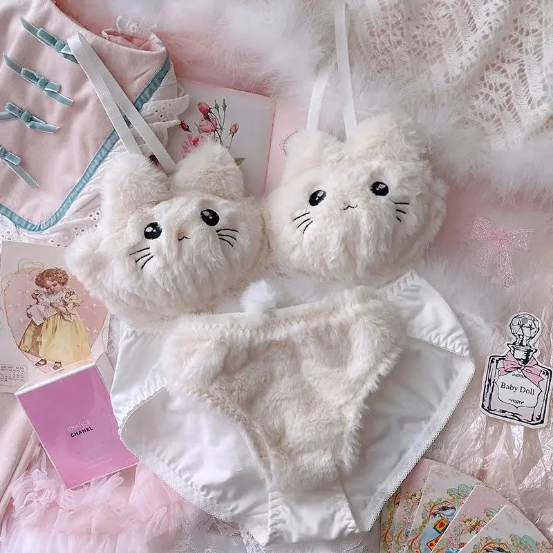 Japanese Girls Winter Soft Ropa Interior Cute Lingerie for Women Cartoon Bear Students Plush Sexy Bras Wireless Thin Bra Set - Evallys.com