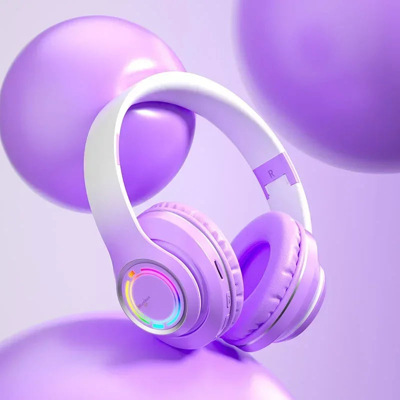 RGB Bluetooth Wireless Headphones For Girls Children's Headset with Microphone Support SD Card HIFi Stereo Gaming Earphone - Evallys.com