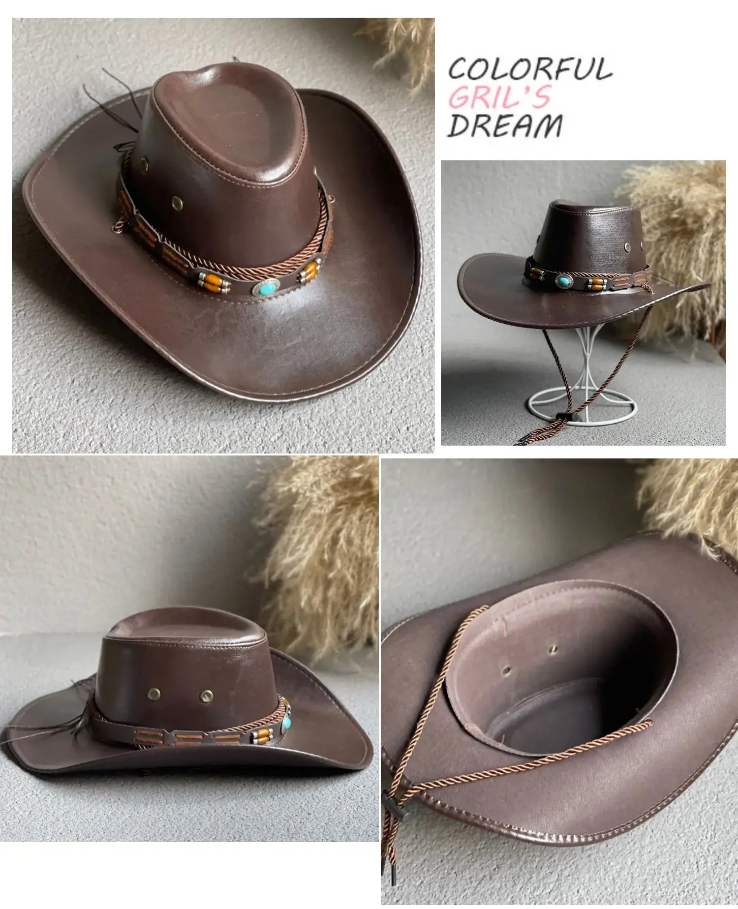 Faux Leather Cowboy Hat – Vintage Unisex Western Jazz Dress Cap - Evallys.com