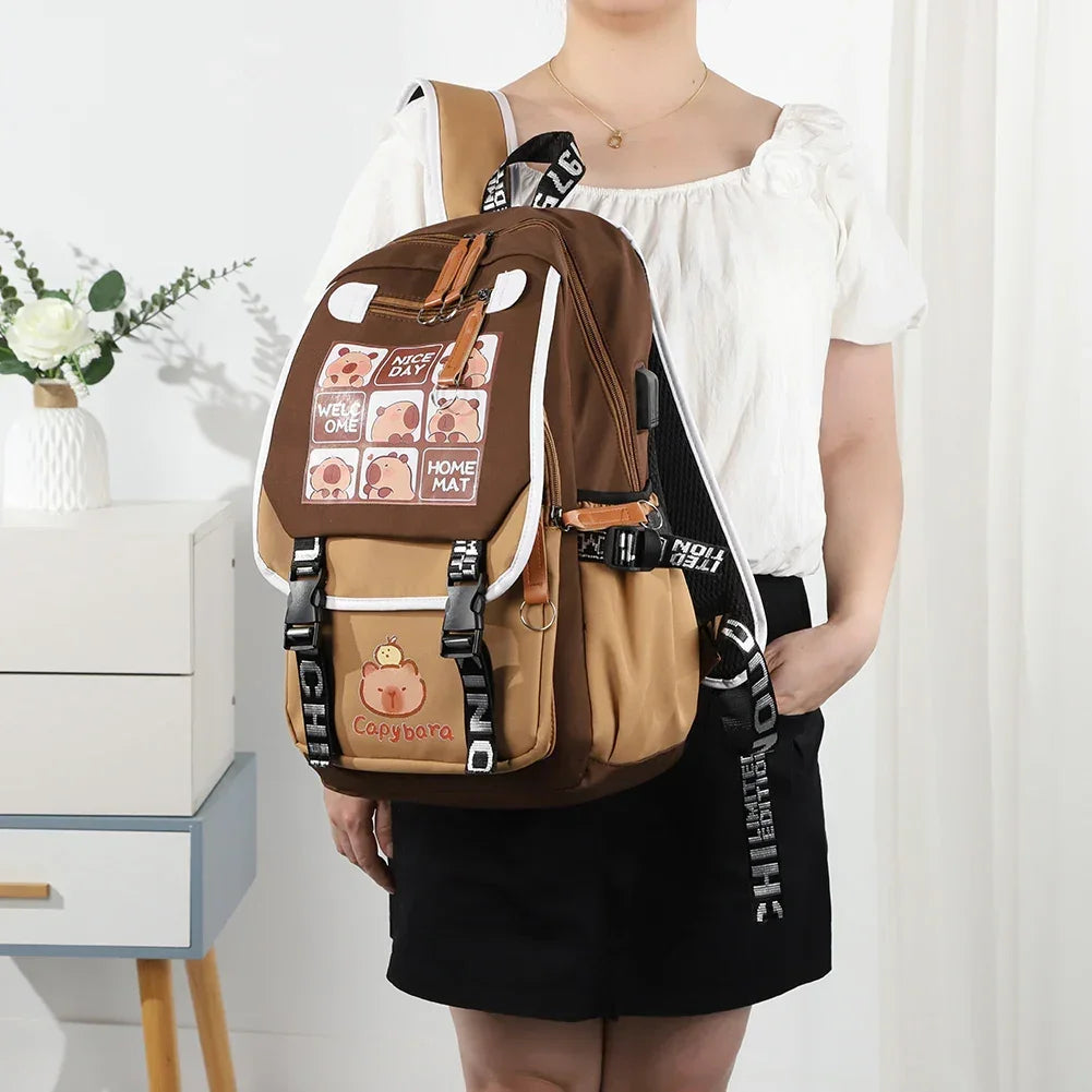 Cartoon Capybara Backpack with Pencil Case Cute Kawaii Backpack Large Laptop Backpack Aesthetic Rucksack for Kids Girls Boys - Evallys.com