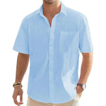 Men's Solid Color Cotton Linen Short Sleeve Shirts Vacation Beach Summer Tops with Pocket Casual Lightweight Button Shirts - Evallys.com