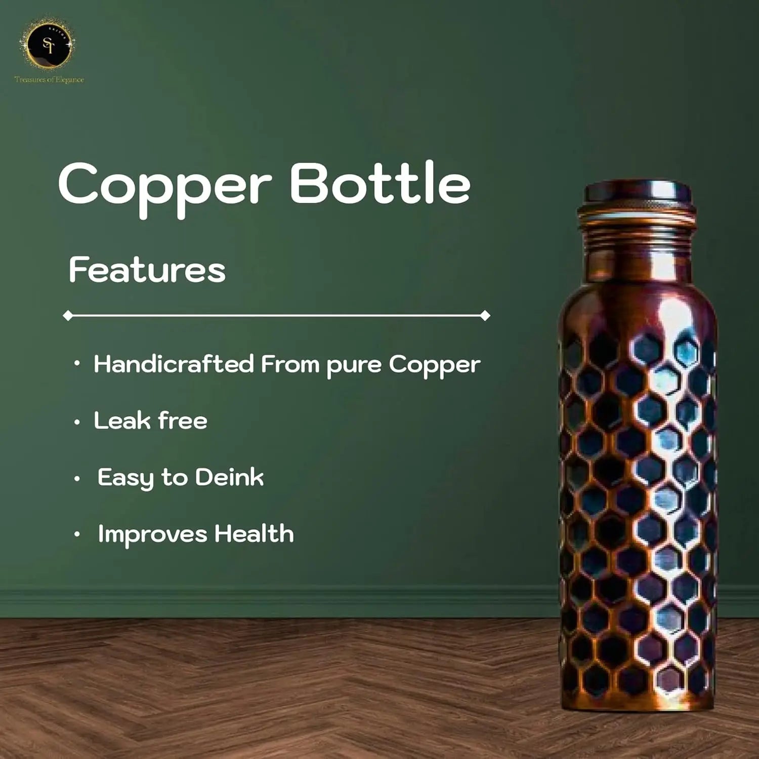 Pure Copper Water Bottle 32oz Antique Black with Lid for Hiking, Camping, Home, Office, Gym, Travel