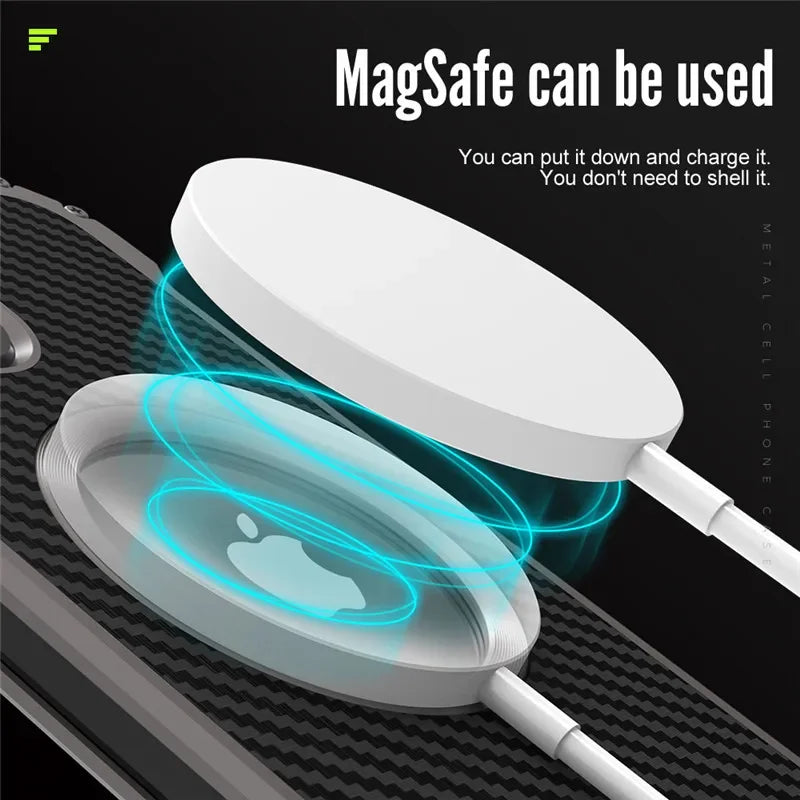 Carbon Fiber Lens Protection Phone Case for iPhone 14 Plus 12 13 Pro Max Mini Compatible with MagSafe Metal Bumpers Cover - Evallys.com