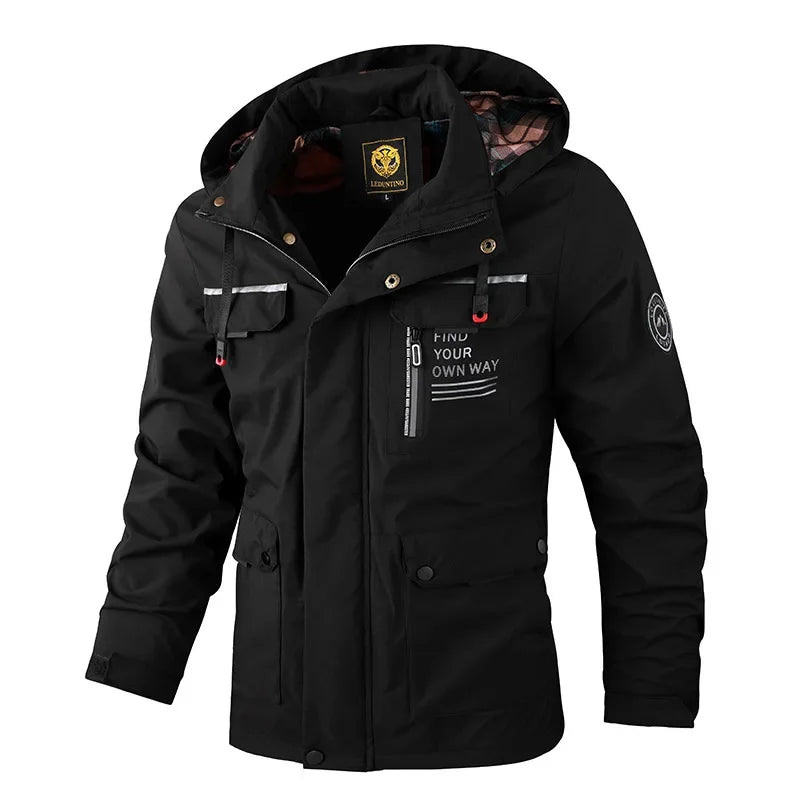 Fashion Men's Casual Windbreaker Jackets Hooded Jacket Man Waterproof Outdoor Soft Shell Winter Coat Clothing Warm Fleece Thick - Evallys.com