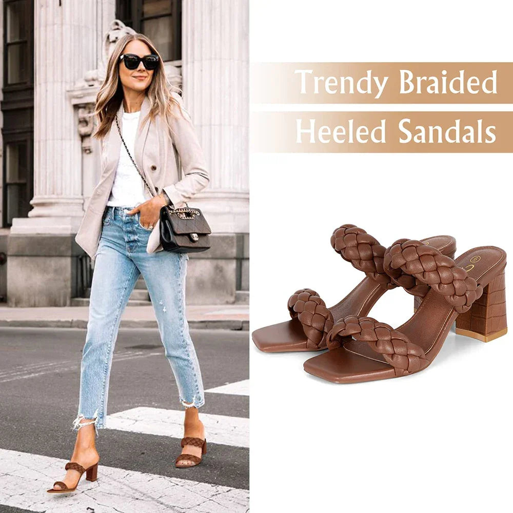 Elegant Women's Braided Heels Sandalias Fashion Strappy Square Sandals Open Toe Backless Mules Slip On Block Heeled Shoes - Evallys.com