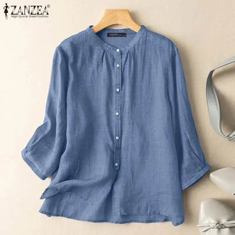 ZANZEA 2025 Spring Summer Blouses Casual Women Shirts Solid Color 3/4 Sleeve Buttons Cotton Linen Blusas Solid Top Casual Tunic - Evallys.com
