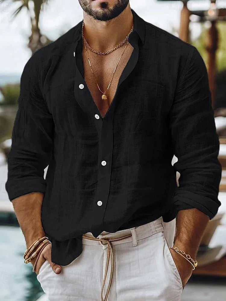 Casual Breathable Loose Cotton Linen Shirt Mens Spring Autumn Leisure Solid Color Cardigan Tops Men Vintage Button Lapel Shirts - Evallys.com
