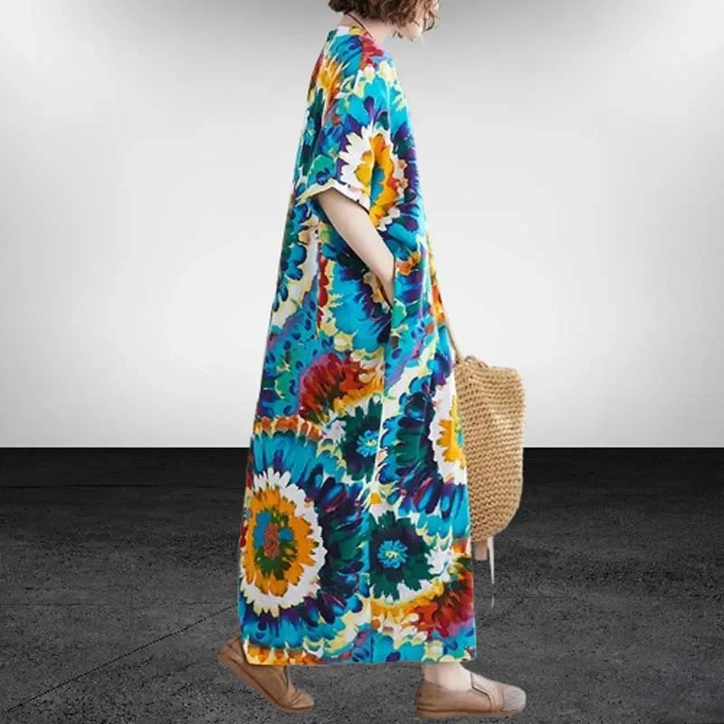 Boho Floral Maxi Dress – Cotton Linen V-Neck Summer Beach Wear - Evallys.com