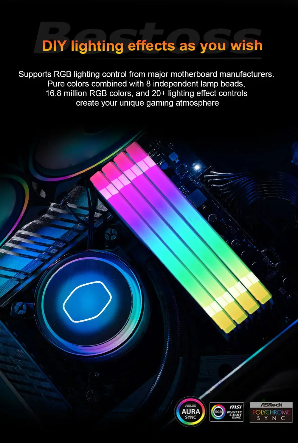 Bestoss Memoria RAM DDR4 RGB 8GB 16B 32GB 3200MHz DIMM RAM Desktop Memory Gaming High Performance - Evallys.com
