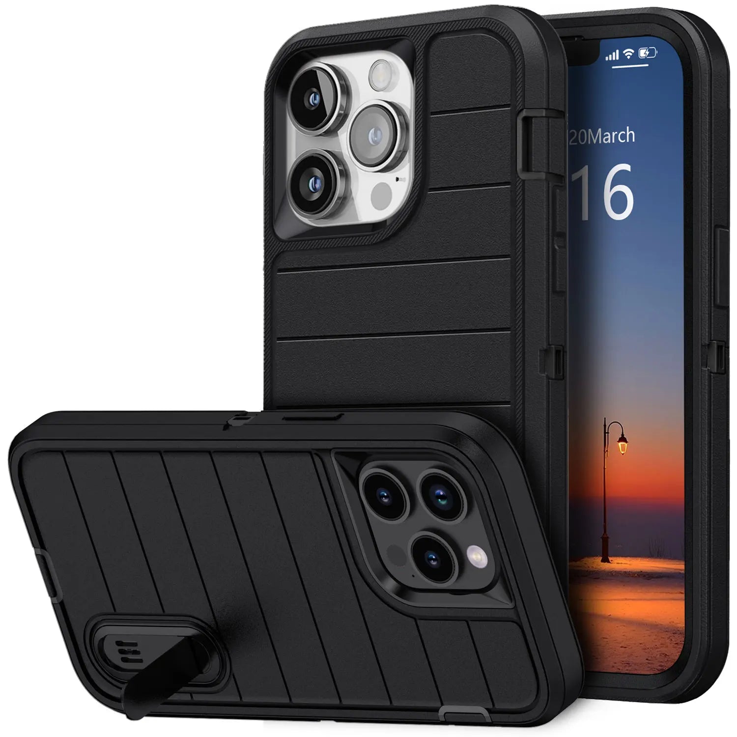 For iPhone 13/iPhone 13 Pro/iPhone 13 Pro Max 5G 3-Layers Heavy Duty Protective Kickstand Phone Cover Black Case - Evallys.com # #