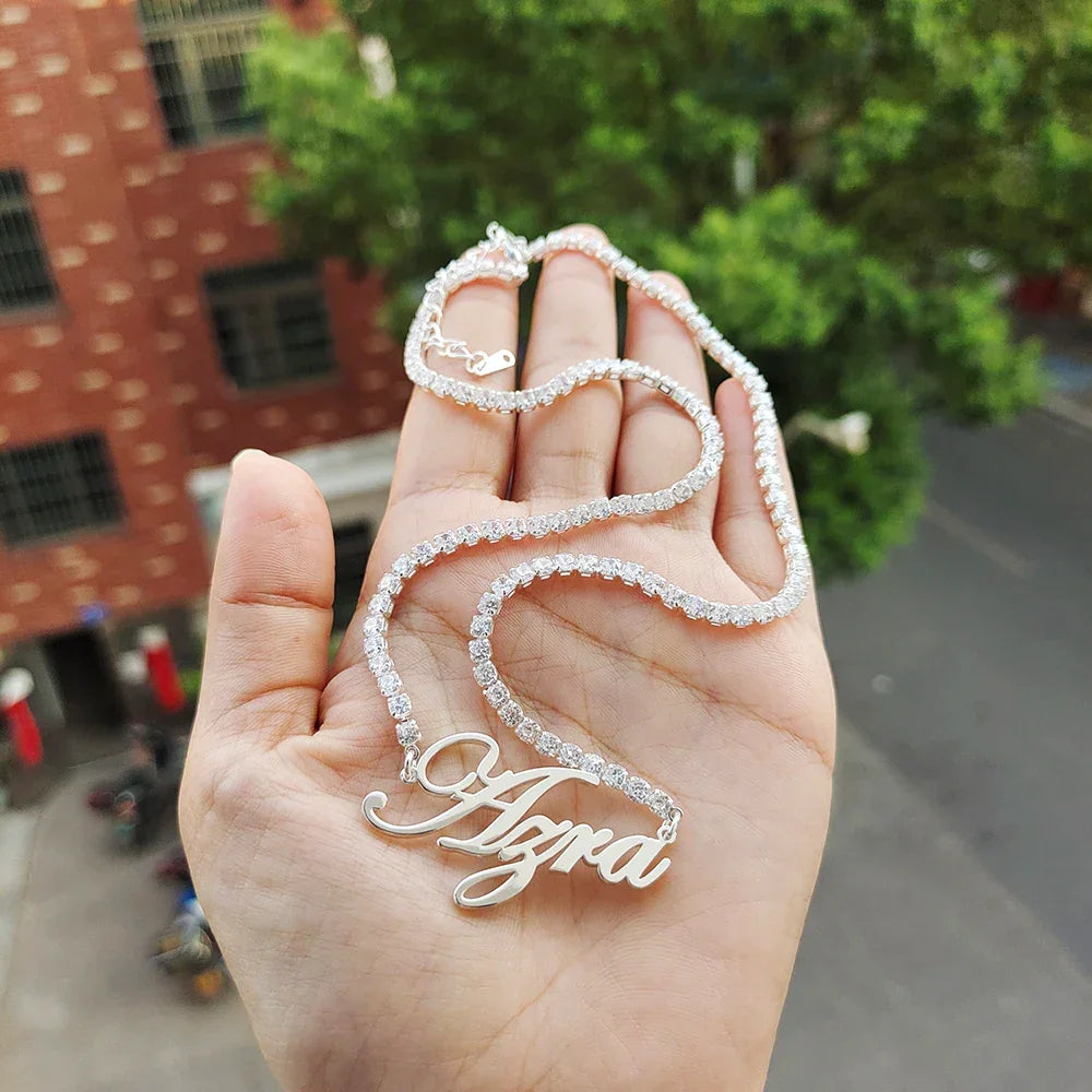 DODOAI Custom Name Necklaces with Tennis Chain Name Year Necklaces Numbers Personaliz Crystal Pendant Christmas Halloween Gifts - Evallys.com