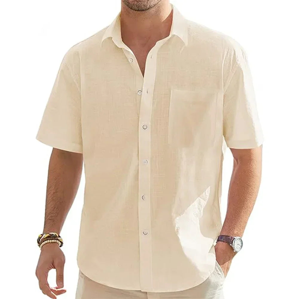 Men's Solid Color Cotton Linen Short Sleeve Shirts Vacation Beach Summer Tops with Pocket Casual Lightweight Button Shirts - Evallys.com