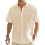 Men's Solid Color Cotton Linen Short Sleeve Shirts Vacation Beach Summer Tops with Pocket Casual Lightweight Button Shirts - Evallys.com