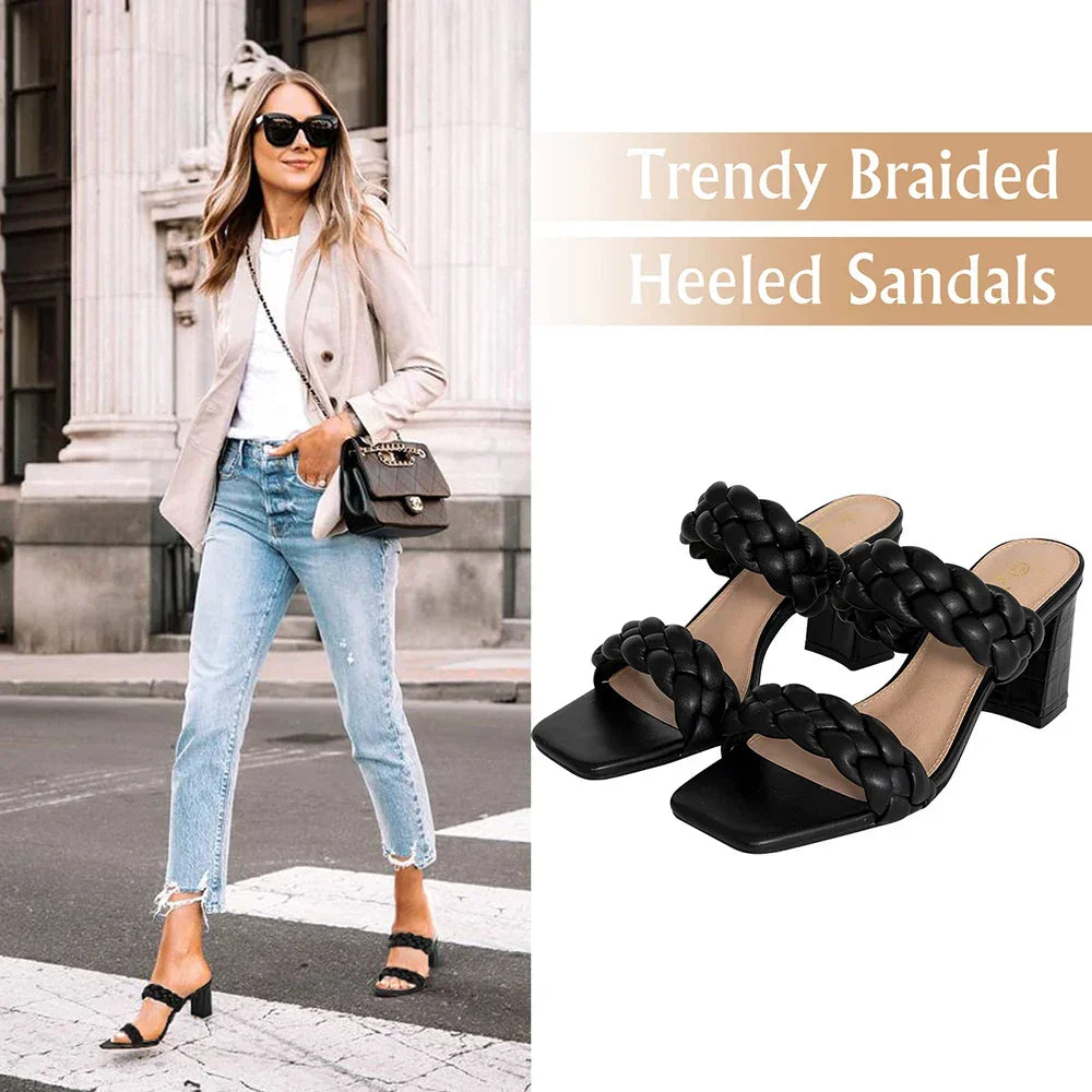 Elegant Women's Braided Heels Sandalias Fashion Strappy Square Sandals Open Toe Backless Mules Slip On Block Heeled Shoes - Evallys.com