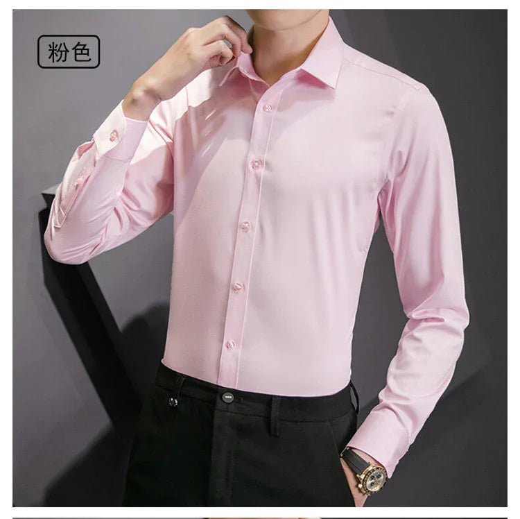 New Plus Size Men Solid Color Business Shirt Fashion Classic Basic Casual Slim White Long Sleeve Shirt Brand Clothes - Evallys.com