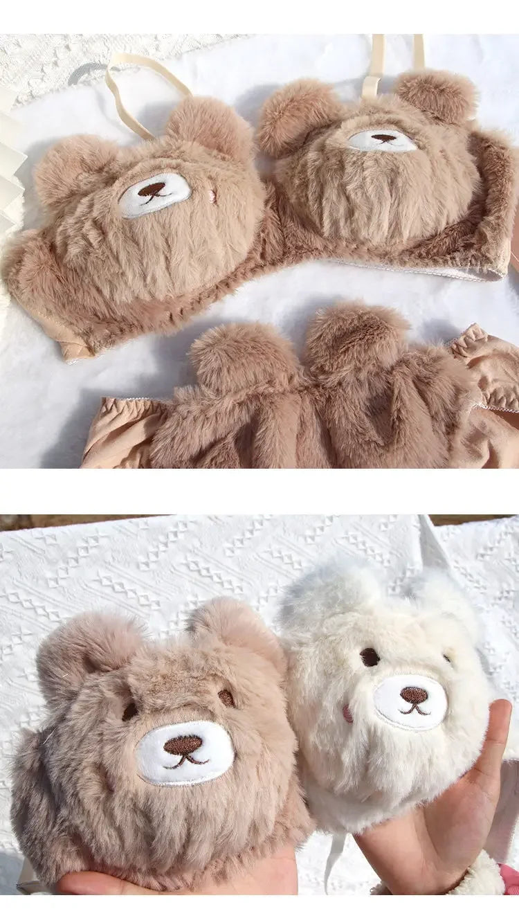 Japanese Girls Winter Soft Ropa Interior Cute Lingerie for Women Cartoon Bear Students Plush Sexy Bras Wireless Thin Bra Set - Evallys.com
