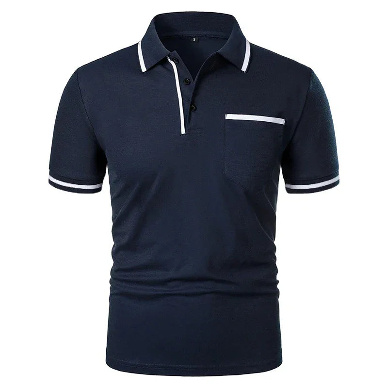 New Men's Short Sleeve Polo Shirts Solid Color Casual T-shirt Summer Trendy Breathable Loose Basic Splice Top Pockets Men Shirts - Evallys.com