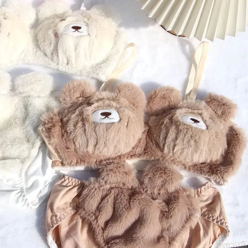 Japanese Girls Winter Soft Ropa Interior Cute Lingerie for Women Cartoon Bear Students Plush Sexy Bras Wireless Thin Bra Set - Evallys.com