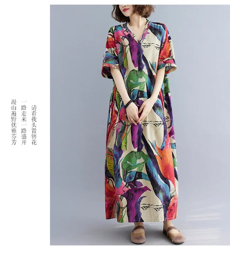 Vintage Floral Cotton Linen Maxi Dress – Oversized Boho Summer Wear - Evallys.com