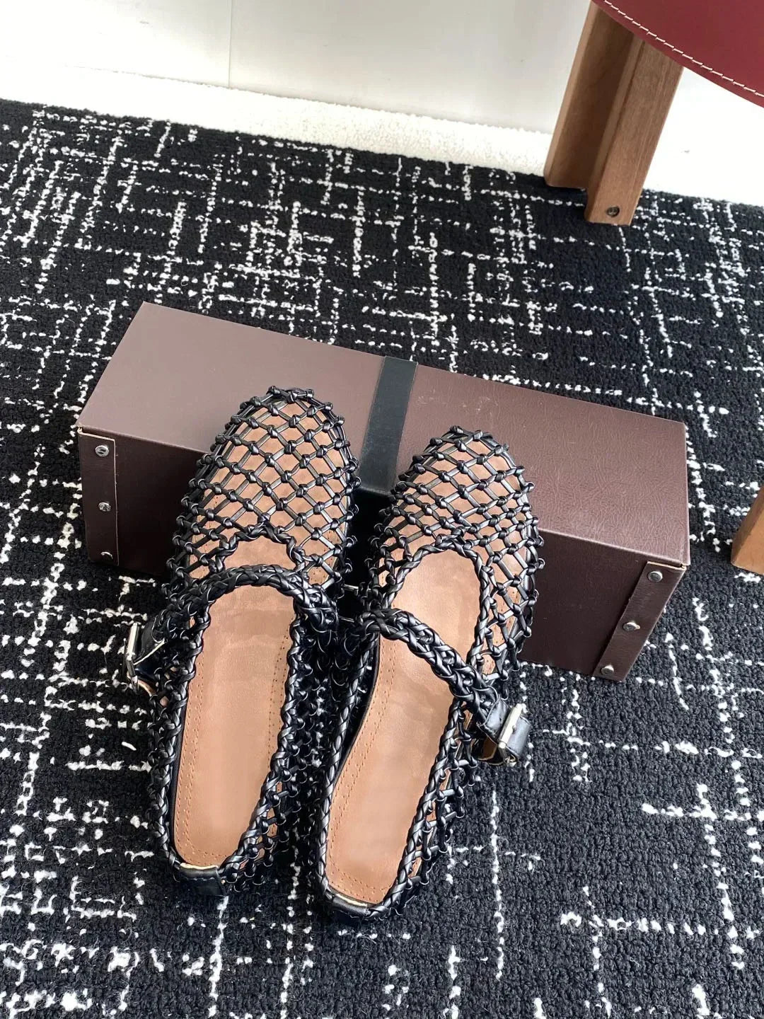 Women’s Metallic Leather Ballet Flats – Woven Mary Janes with Buckle Strap - Evallys.com