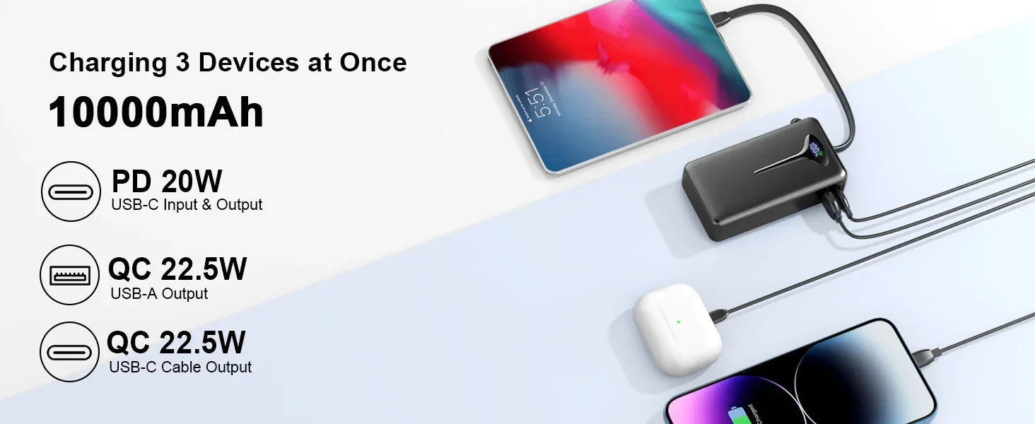 10000mAh Portable Charger Power Bank with 22.5W Fast Charging, USB-C In&Out, Built-in Cable,Travel Essentials for iPhone,Android - Evallys.com