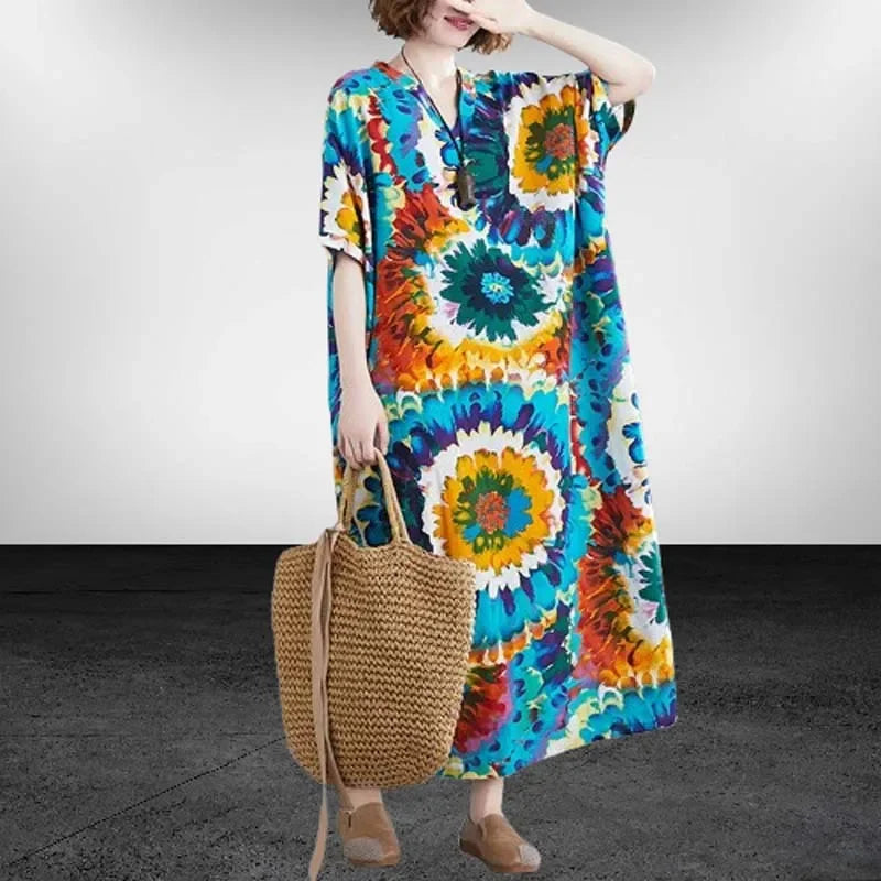 Boho Floral Maxi Dress – Cotton Linen V-Neck Summer Beach Wear - Evallys.com