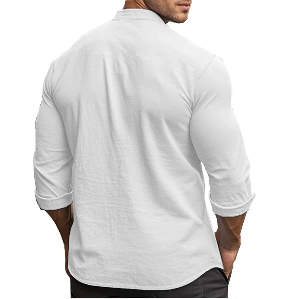 Men's Henry Shirts Cotton Linen Slim Fit Causal Hawaiian Solid Color Basic Style Spring Summer Breathable Men Clothing - Evallys.com