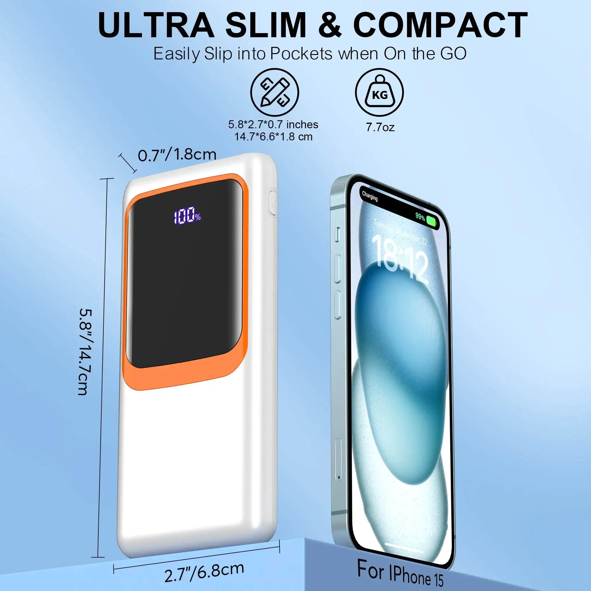Power Bank Battery Pack Portable Charger 10000mAh with Built-in Cables, PD 22.5W, Slim Design, with LCD Display - Evallys.com