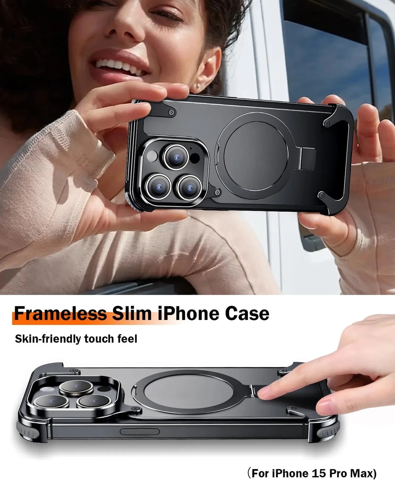 Frameless Aluminum Alloy Kickstand Metal Phone Case for iPhone 13 14 15 16 Pro Max Magsafe Magnetic Ring Stand Shockproof Shell - Evallys.com