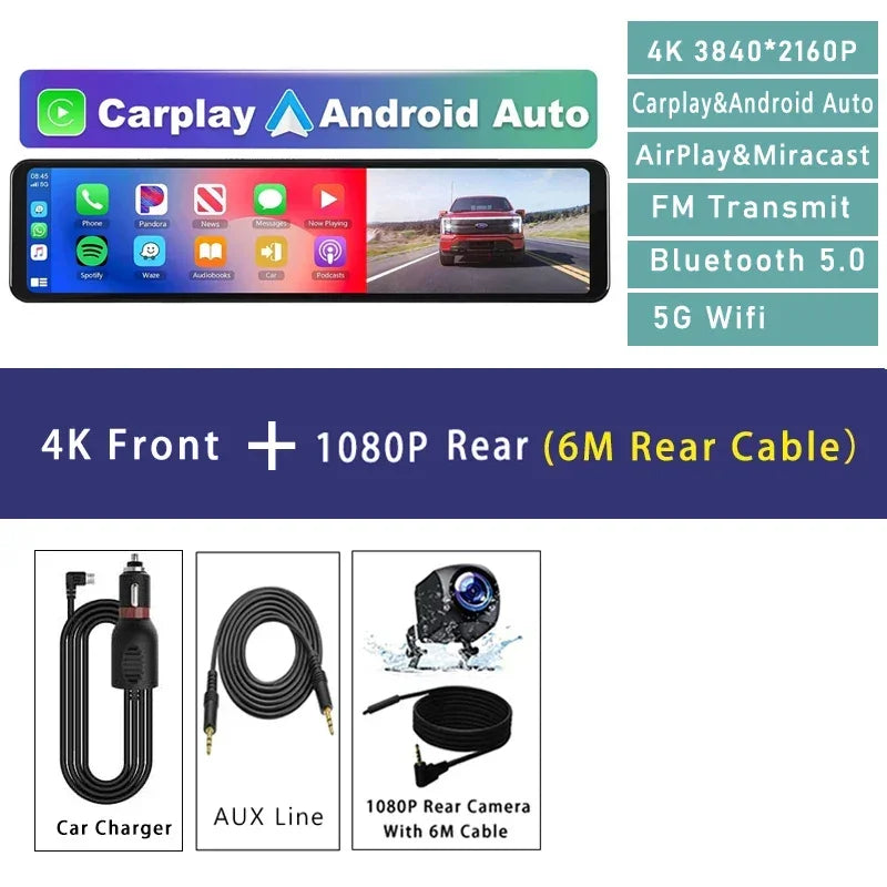 11.26" 4K 2160P Car Dvr Carplay Android Auto Dash Cam GPS WIFI BT FM Stream Rear View Mirror Dashcam Dvrs Camera Drive Recorder - Evallys.com