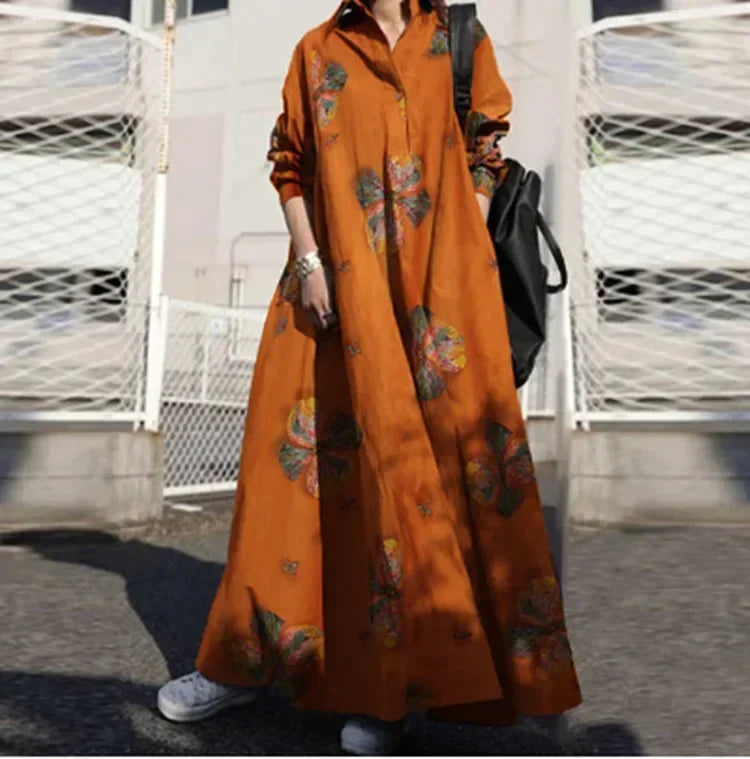 Vintage Cotton Linen Shirt Dress Women’s Autumn Long Maxi Robe - Evallys.com