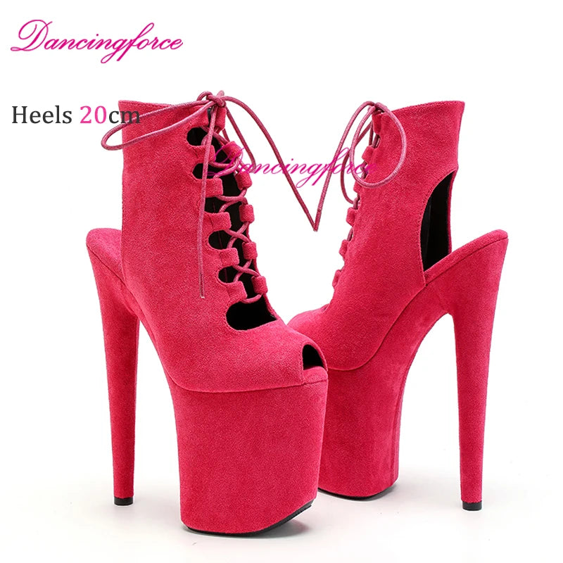 20cm/8Inches Sexy Pole Dance Shoes Women Catwalk Nightclub Strip Gladiator Sandals Lace-up Lady Suede Matte Short Booties