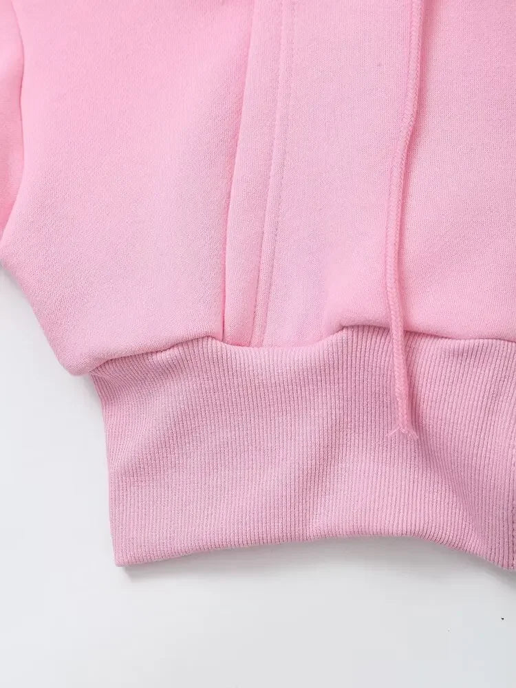TRAF 2024 Spring Female Casual Hoodies Zipper Coats+Elastic Waist Baggy Pants 2 Pieces Set Elegant Loose Solid Pink Grey Pants - Evallys.com