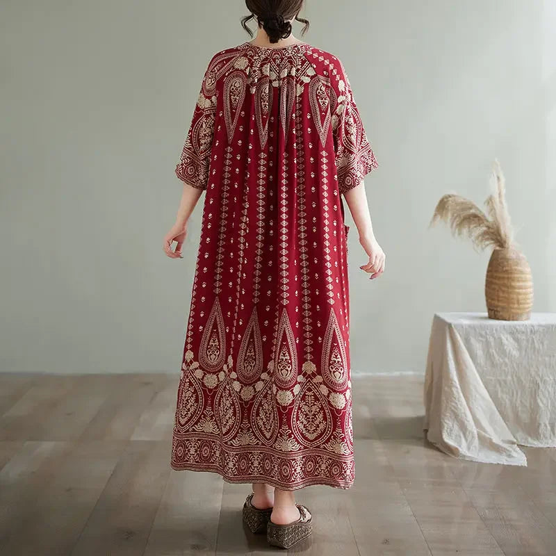 Summer Ethnic Print Dress with Pockets – Loose Mid-Calf Casual Wear - Evallys.com