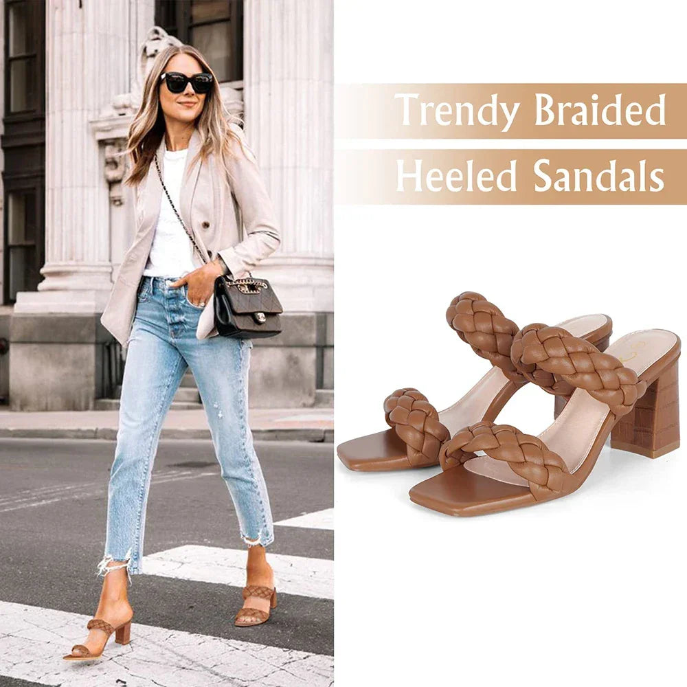 Elegant Women's Braided Heels Sandalias Fashion Strappy Square Sandals Open Toe Backless Mules Slip On Block Heeled Shoes - Evallys.com