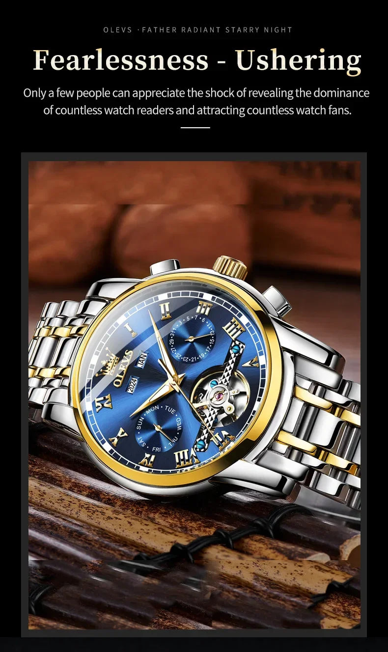 OLEVS Men's Watches Automatic Mechanical Business Wristwatch Waterproof Stainless Steel Strap Watch for Man Skeleton Calendar - Evallys.com