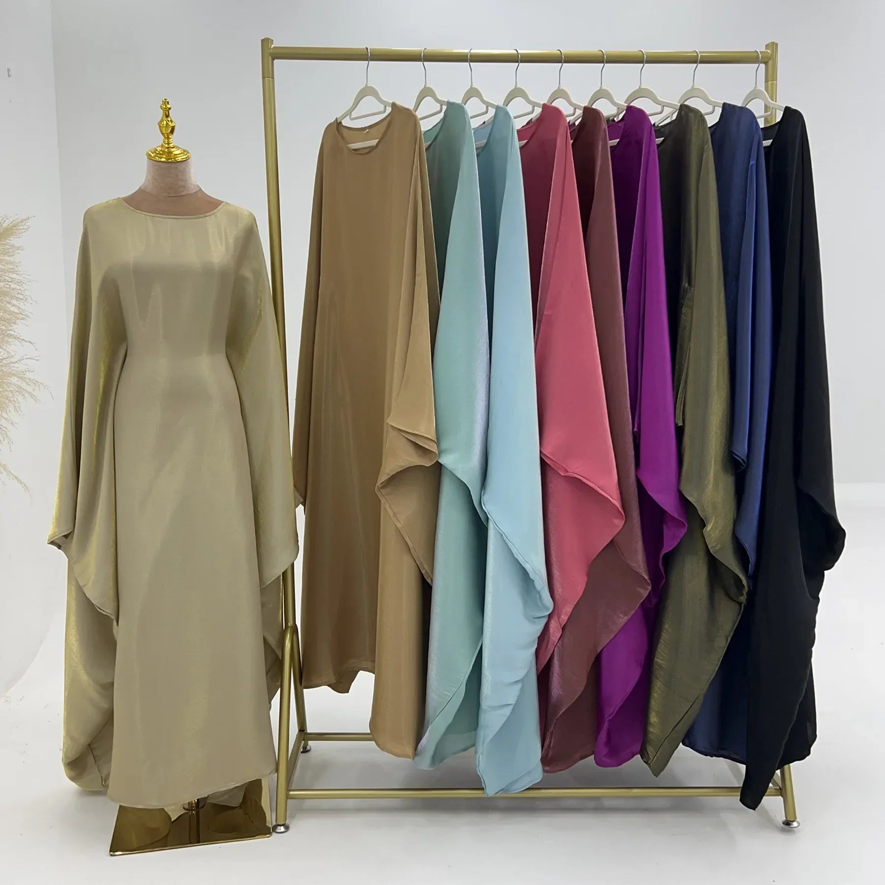 Eid Ramadan Batwing Butterfly Satin Abaya Dubai Luxury Muslim Kaftan Maxi Dress Women Kebaya Robe Caftan Marocain Femme Vestidos - Evallys.com