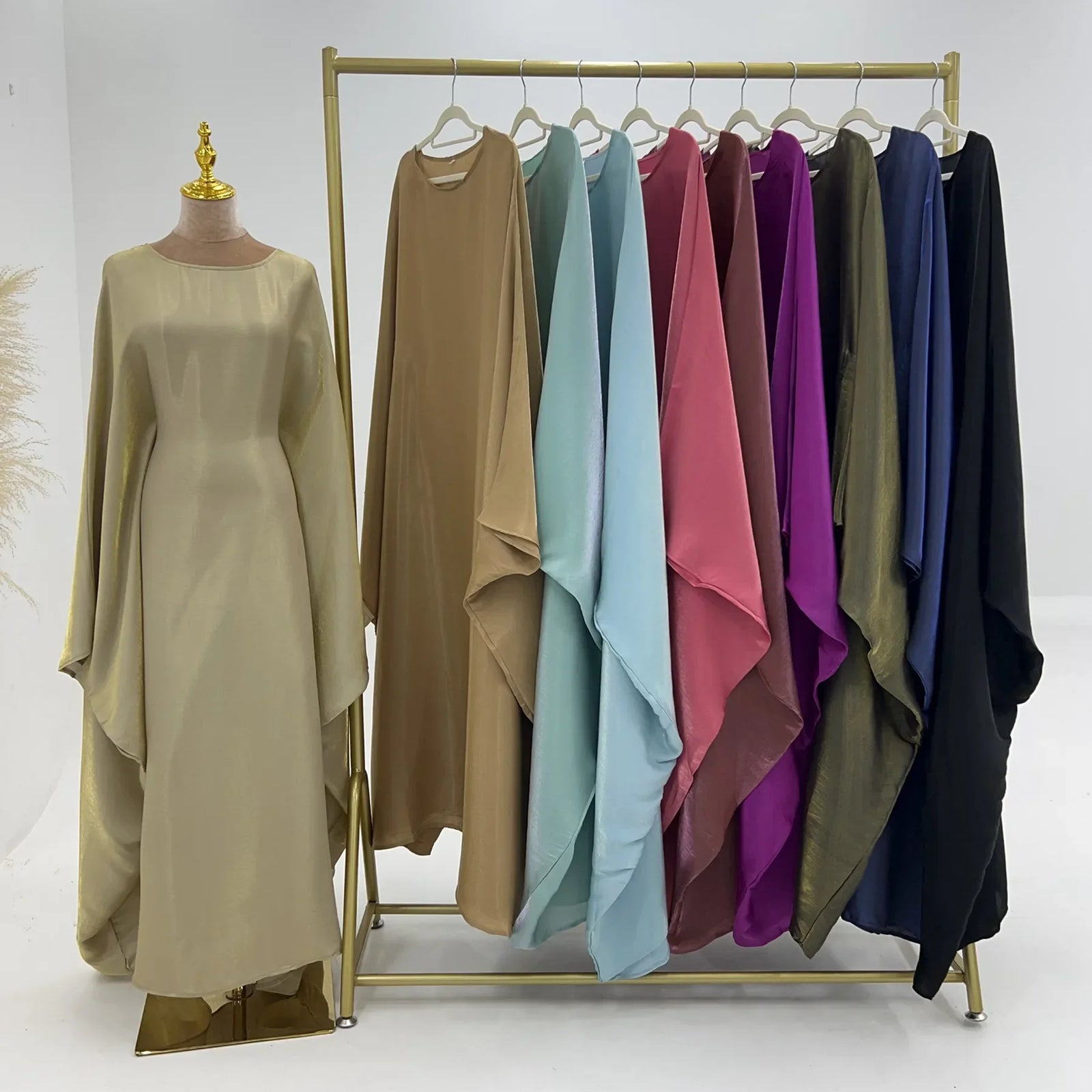 Eid Ramadan Batwing Butterfly Satin Abaya Dubai Luxury Muslim Kaftan Maxi Dress Women Kebaya Robe Caftan Marocain Femme Vestidos - Evallys.com