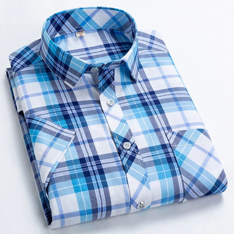 High Quality Men's Plaid Short Sleeve Shirts Business Casual Striped Turn-Down Collar Summer Man Shirt - Evallys.com