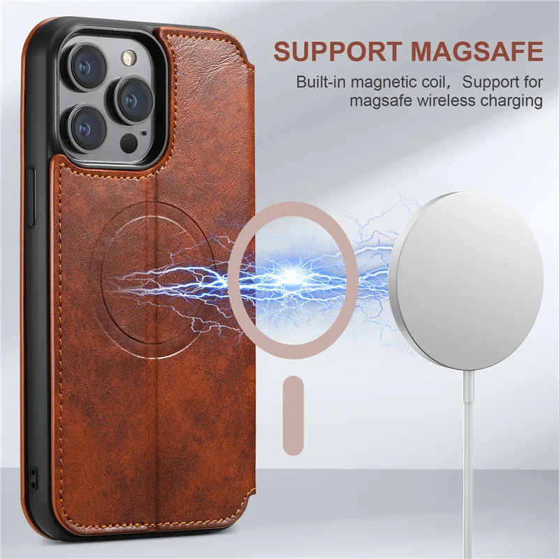 Magsafe Wallet Phone Case  For iPhone 12 13 14 15 16 Pro Max Plus Ultra With Stand Card Holder Leather Magnetic Pocket Cover - Evallys.com # #